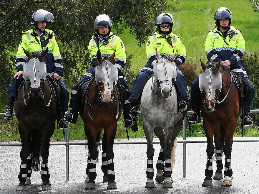 Mounted police officers on standby at a peaceful demonstration at Hazelwood Power Station, Victoria