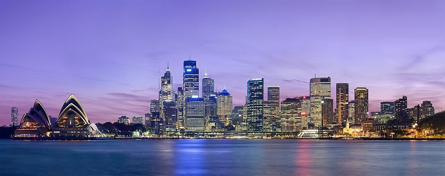 A panoramic view of the Sydney skyline as viewed across Sydney Harbour from Kirribilli