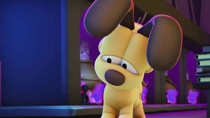 Cartoon dog with large ears looks down in a colorful animated setting.