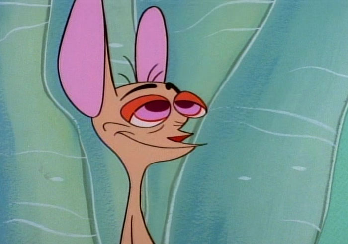 Cartoon dog smiling with large pink ears and droopy eyes against a green background.