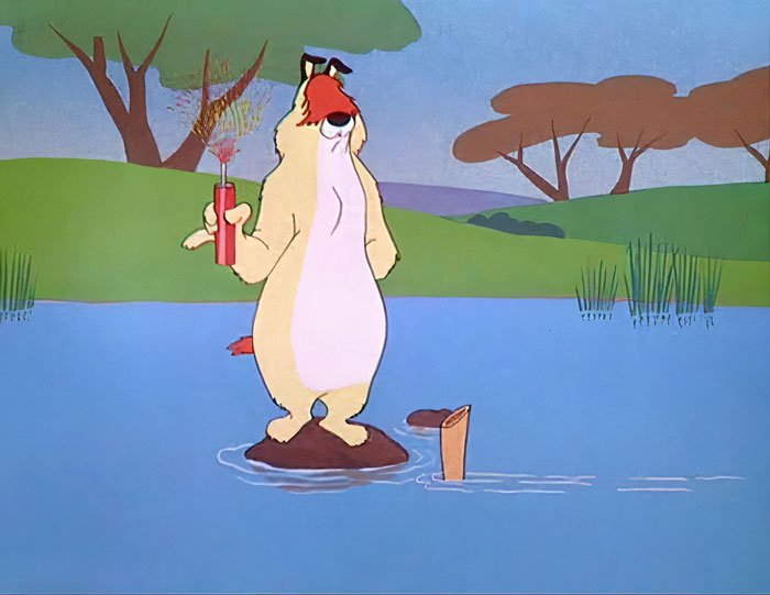 Cartoon dog standing on a rock in a lake, holding a bottle with dynamite, surrounded by a scenic backdrop.