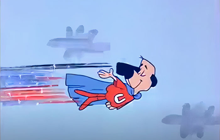 Famous cartoon dog flying with a blue cape and superhero outfit in a colorful sky.