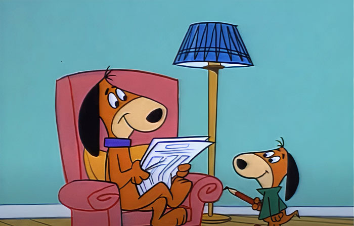 Cartoon dogs relaxing in a room, one reading a newspaper, another standing beside a lamp.