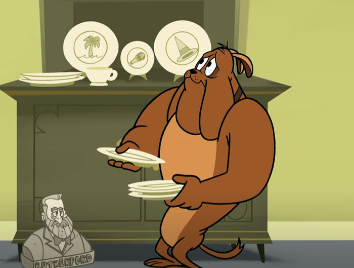Cartoon dog carefully holds plates near a cabinet, surrounded by decorative dishes.