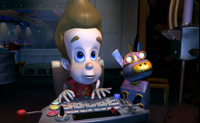Cartoon boy with a robot dog in a futuristic room, highlighting famous cartoon dogs' cuteness.