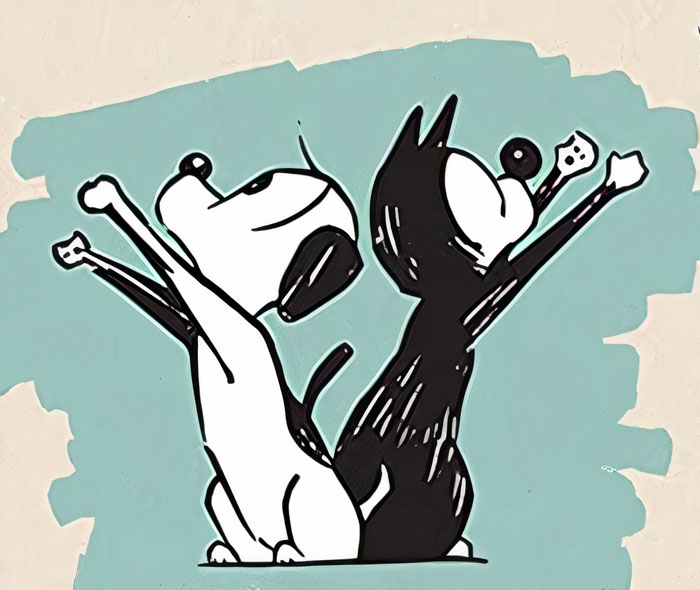 Cartoon dogs sitting back to back, one black and one white, with raised paws against a teal background.