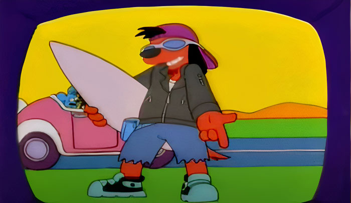 Cartoon dog with sunglasses and a surfboard, wearing casual clothes in a colorful background.
