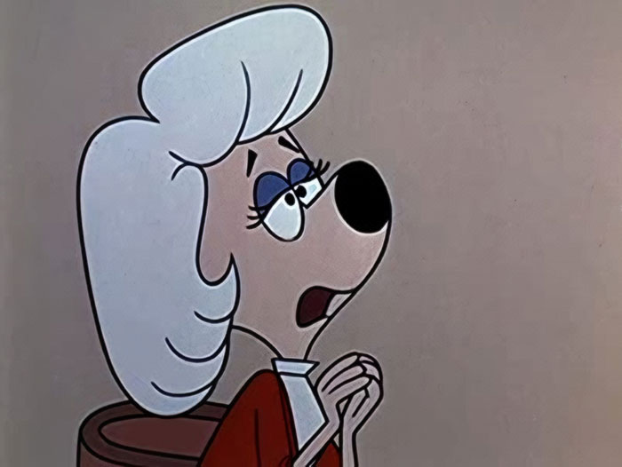 Cartoon dog with white hair and red dress looking surprised, showcasing cuteness.