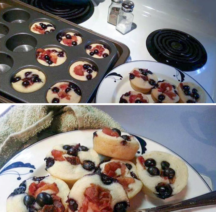 My Pancake Hack. Spoonful Of Bacon Fat In Each Cup, Heat In The Oven For A Few Minutes, Then Fill Halfway With Batter And Bake Until Set. Top With Blueberries And Crumbled Bacon