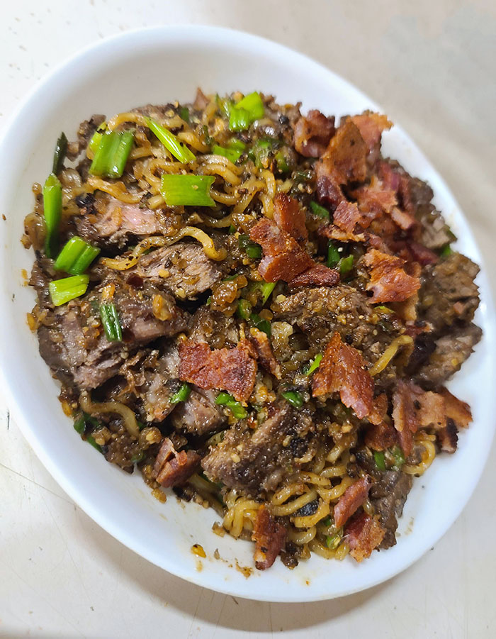 Bulk Instant Ramen Is Cheaper Than Buying Noodles. Toss The Flavor Packet Aside And Use The Noodles, Steak, And Bacon. Also, Stir Fry With Whiskey Garlic Sauce