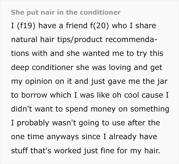 Woman Accidentally Discovers Hair Removal Cream In Hair Conditioner Her Friend Wanted Her To Use Before Birthday, Gets Blocked When She Confronts Her