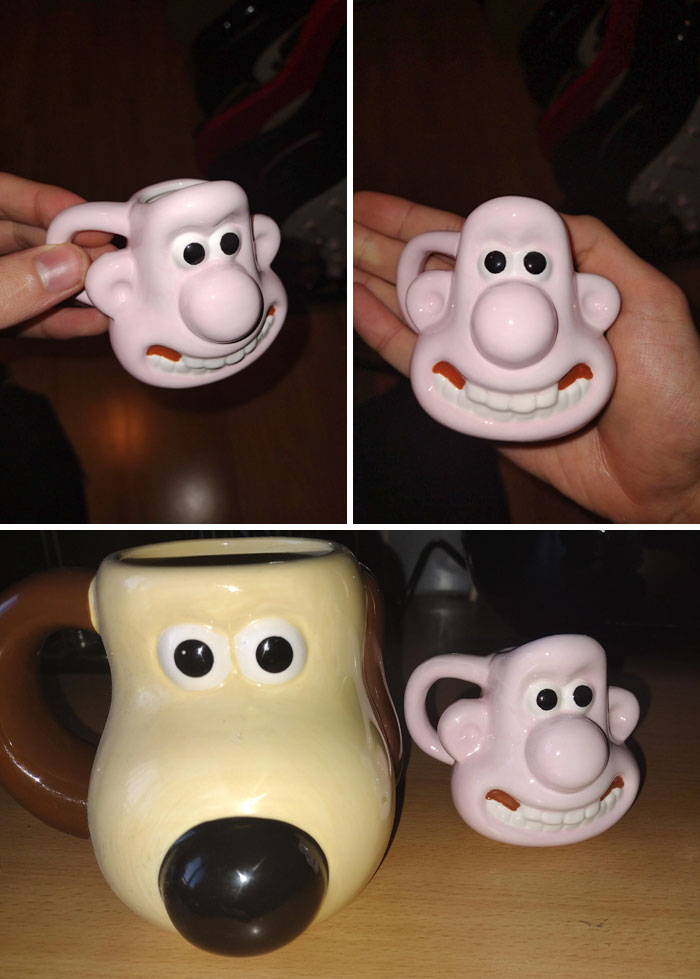 Compré una taza de Wallace para acompañar a la de Gromit. Sin saberlo, había pedido una minitaza cómicamente pequeña