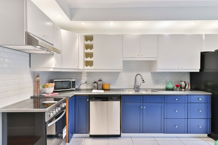 Modern kitchen with blue and white cabinets showcasing home organization ideas.