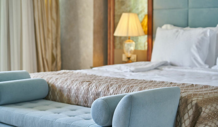 Blue sofa in hotel room