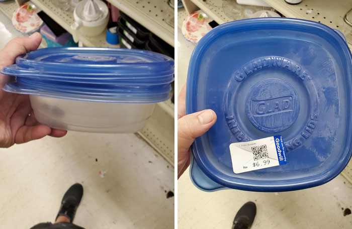 My First Goodwill Find Of The Day. One Dirty Disposable Container And Four Filthy Lids For The Low Price Of $6.99
