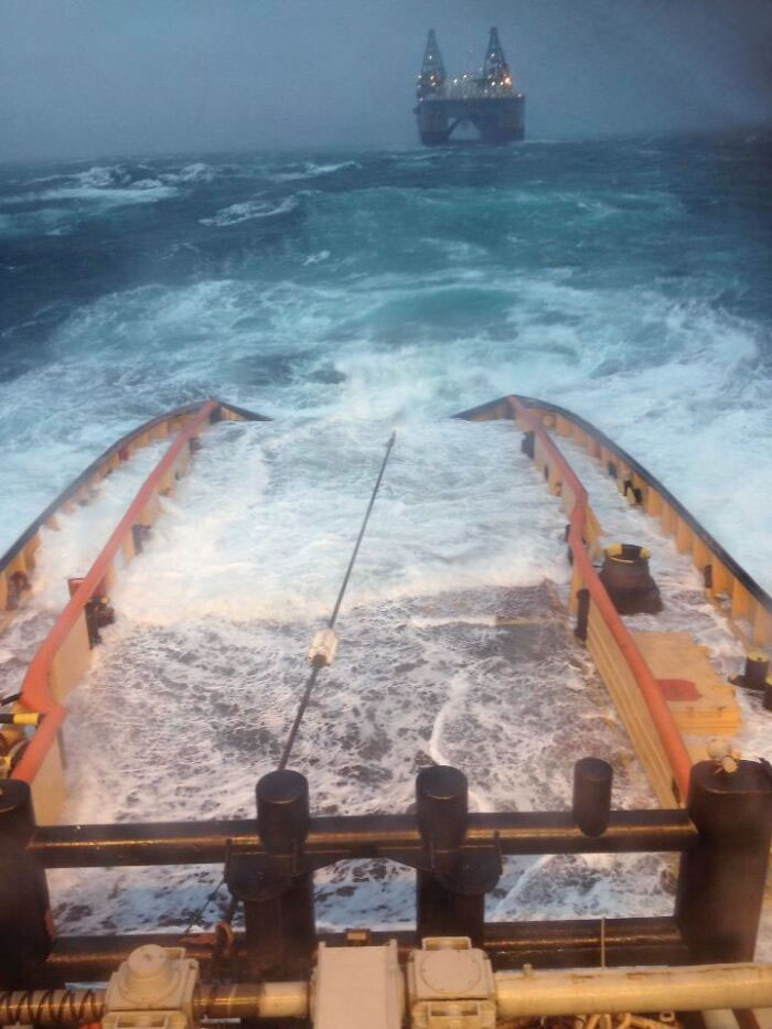 My Cousin's Sister-In-Law Works On A Tugboat Which Tows Oil Platforms Across The Ocean. In All Weather Conditions