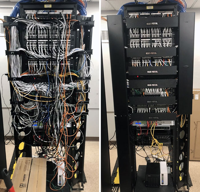 Mi amigo me envió una foto del antes y el después de su manejo de cables de los servidores en el trabajo