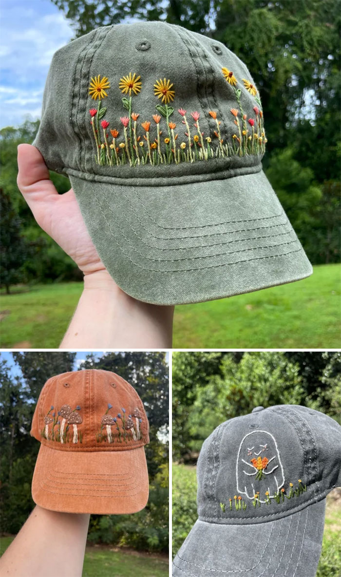 A Few Hand Embroidered Hats I've Made This Month