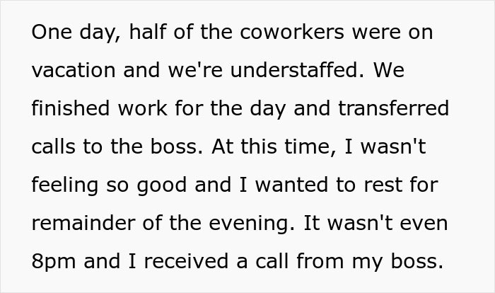 Boss tells employee not to work overtime, calls after office hours, gets shocked when hangs up