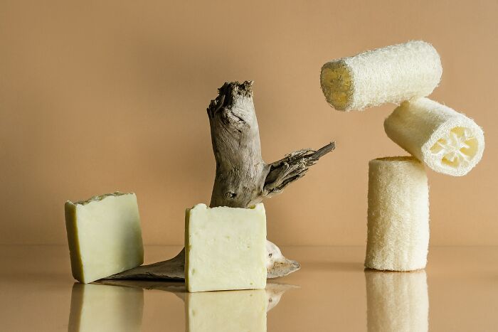 Soap Sponge And Wood On Table 