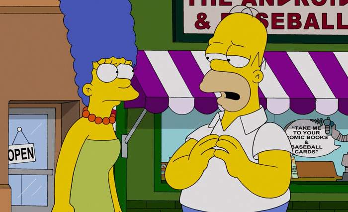 Marge and Homer talking on the street 