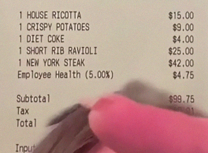 Woman finds 'employee health' tip charge on bill and asks internet if it's 'normal'