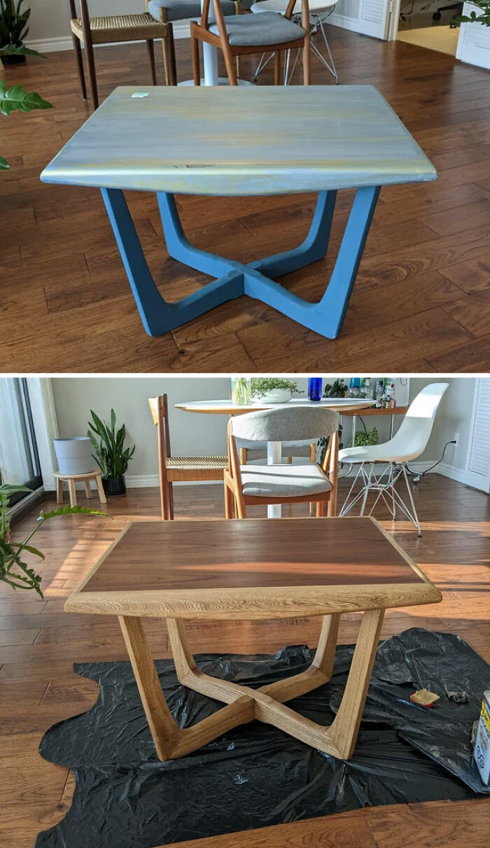 No buscaba un proyecto nuevo, pero encontré esta mesa en una tienda de segunda mano y sentí la obligación de arreglar esta monstruosidad