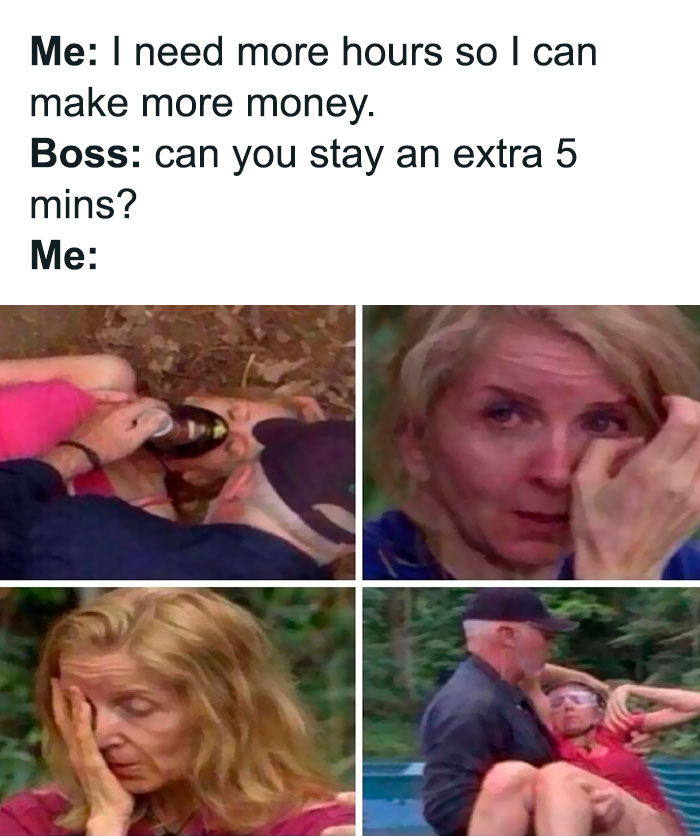 Meme about the retail struggle; a woman in various emotional states reacting to being asked to work extra hours.