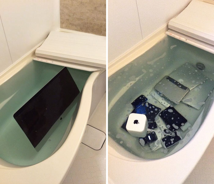 A Japanese Woman Discovered Her Boyfriend Was Cheating, So She Gathered All His Apple Devices And Dumped Them Into A Tub Full Of Water