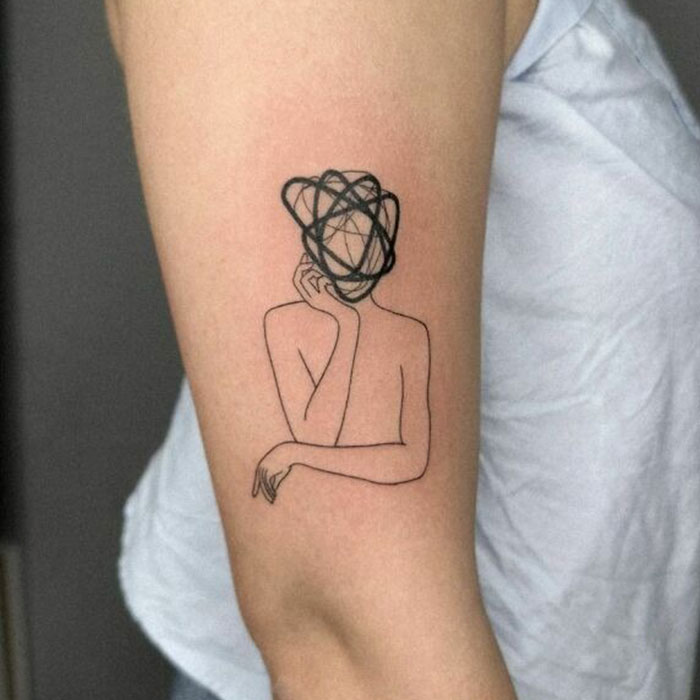 Line person with infinity head arm tattoo