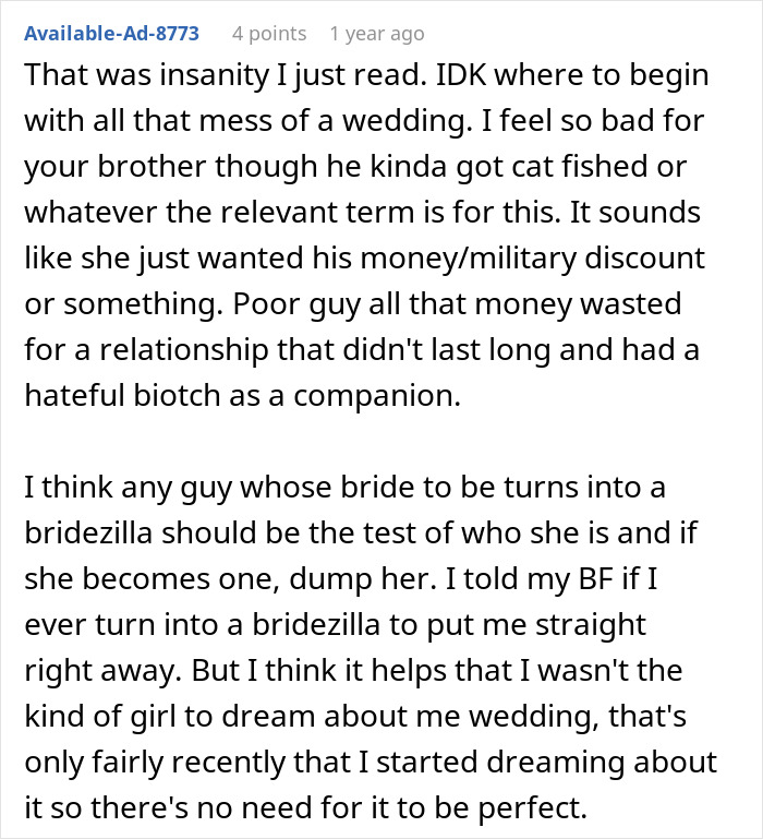 Text discussion about a chaotic wedding and a bride's behavior, mentioning bridezilla and relationship issues. Text discussion about a chaotic wedding and a bride's behavior, mentioning bridezilla and relationship issues.