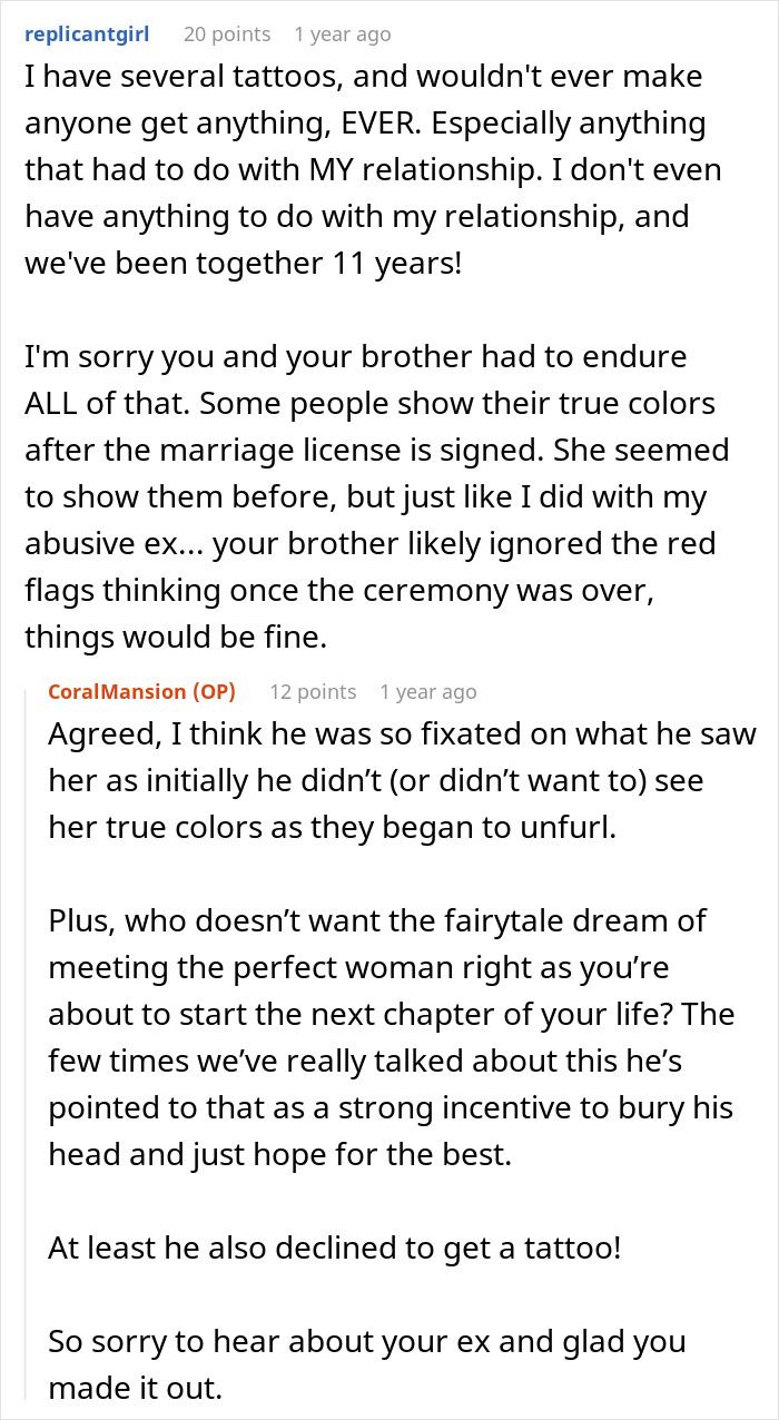 Text exchange about refusing a matching tattoo, discussing relationship dynamics and true colors. Text exchange about refusing a matching tattoo, discussing relationship dynamics and true colors.