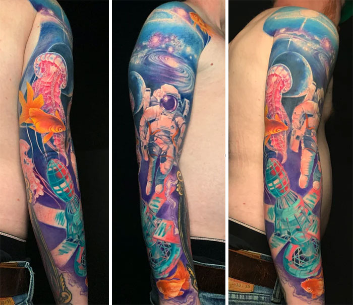 Space themed sleeve tattoo