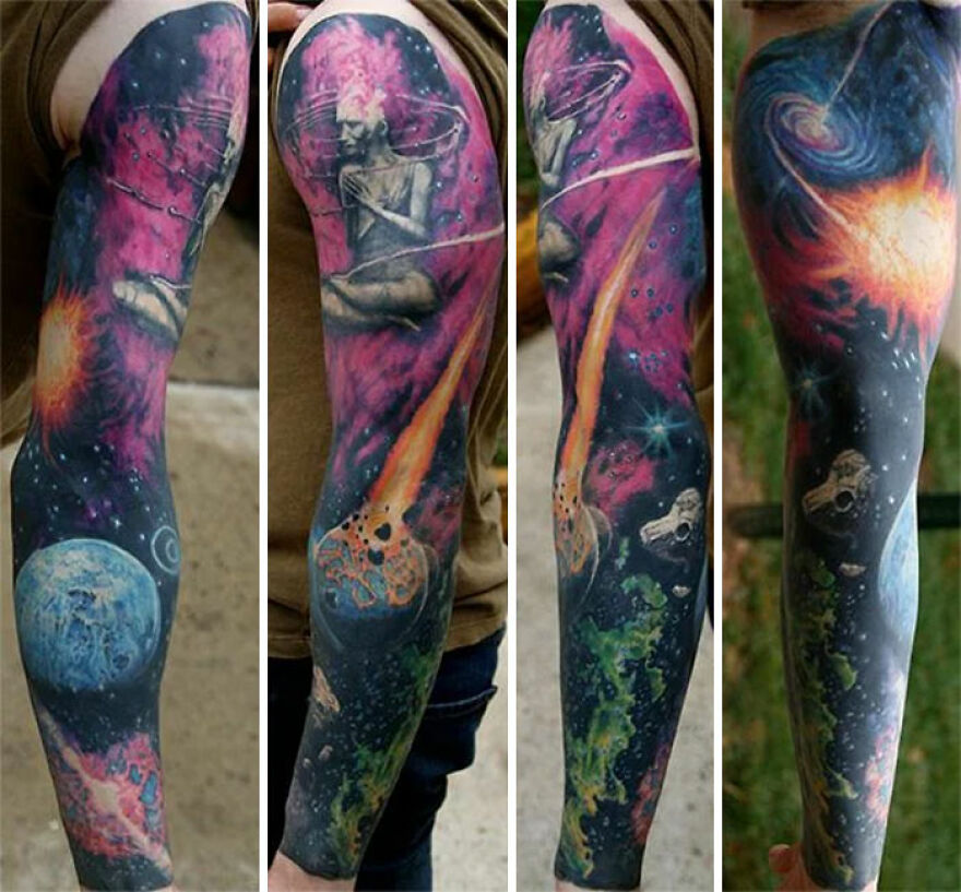 Colorful space arm sleeve tattoo