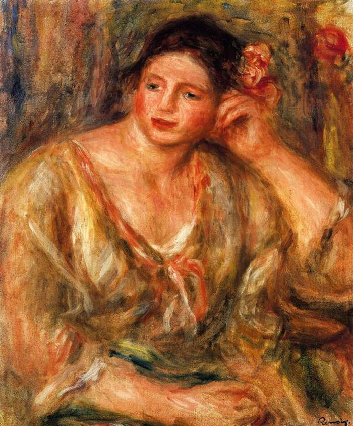 Madeleine Leaning On Her Elbow With Flowers In Her Hair By Pierre-Auguste Renoir