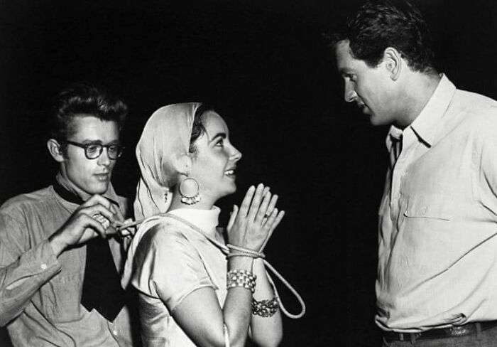James Dean, Elizabeth Taylor And Rock Hudson On The Set Of Giant In 1955