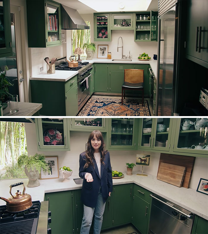 Dakota Johnson in green kitchen