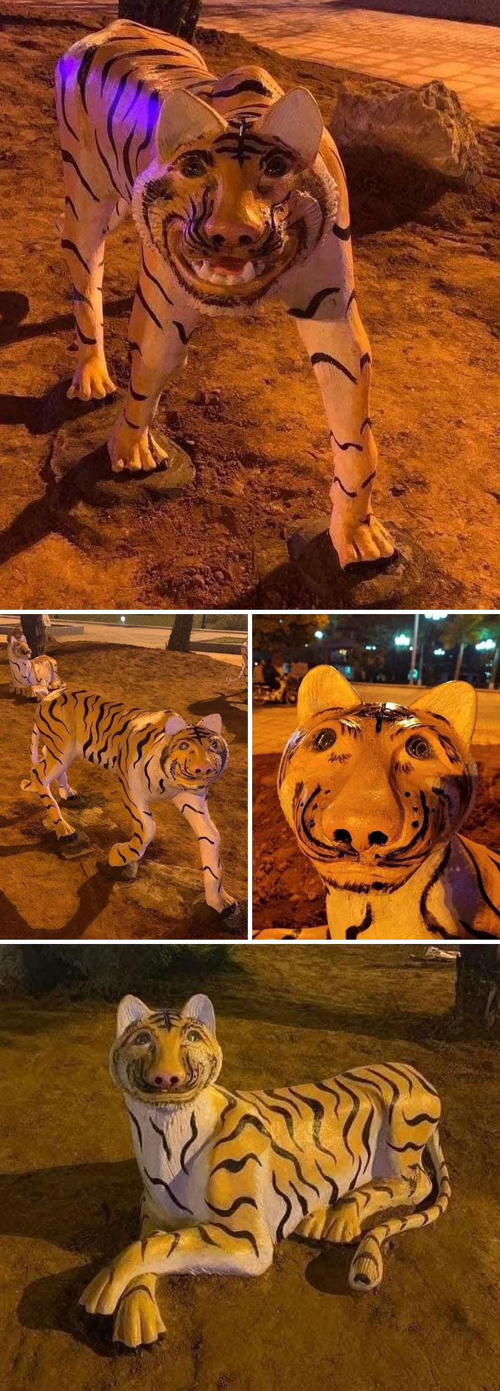 These Poorly-Made Tiger Sculptures At Night