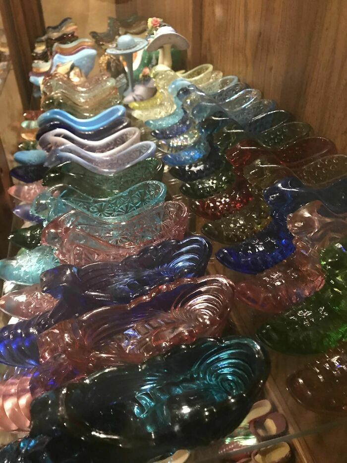 Not Weird, Just An Obsession Maybe. My Mil Collected These Glass Slippers For Years. Many Fenton, Some Maybe Not. Hob-Nob, Cat Head, Princess Slippers. About 300. Half Displayed, Half In Several Totes. Your Posts Make Me Wonder If Any Have Uranium Or Changed With A Black Light. Maybe I Will Dedicate A Day To Figuring All That Out