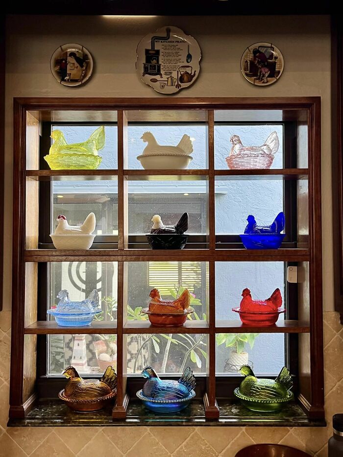 My Kitchen Window. I Love Vintage Hens-On-A-Nest & Finally Figured The Best Way To Display Them! All Are From Thrift & Antique Stores, From Estate Sales, & Ebay. Included Are Westmorelands, Indiana Glass, Mossers. I Adore Them All But When Forced To Pick A Favorite, It Would Probably Be The Swag Cobalt Blue Westmoreland