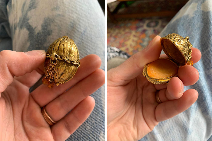 I Found This Brass Walnut Rolling Around In A Drawer Of Stuff At A Tiny Antique Shop By Me And Had To Have It, Quick Internet Search Says It’s An Estée Lauder Solid Perfume Locket!