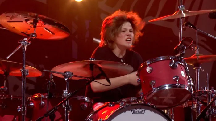 Shane Hawkins, The 16-Year-Old Son Of The Late Taylor Hawkins Playing The Drums During "My Hero" With The Foo Fighters During The Tribute Show To His Dad