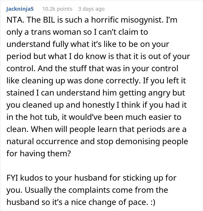 Man Disgusted With SIL's Period Bans Her From Using Hot Tub, Demands $100 For The Sheets She 'Ruined'