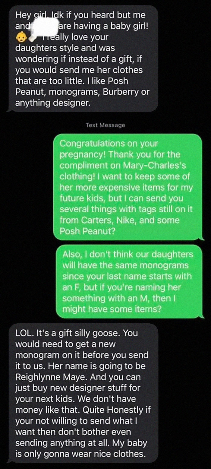 Asking Her Partner’s Ex Wife For Her Child’s Designer Clothes, Proceeds To Call Her A Silly Goose And Throw A Strop When She Doesn’t Get What She Wants