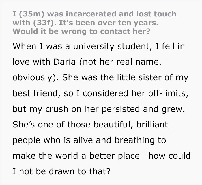 Man Asks Internet For Advice If He Should Contact GF After Being Incarcerated For 9 Years And Losing Touch Man Asks Internet For Advice If He Should Contact GF After Being Incarcerated For 9 Years And Losing Touch