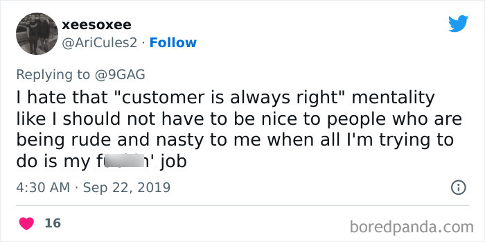 A tweet humorously criticizing retail work challenges and the "customer is always right" mentality.
