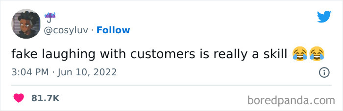 Tweet about the skill of fake laughing with customers in retail, with laughing emojis and a high engagement count.