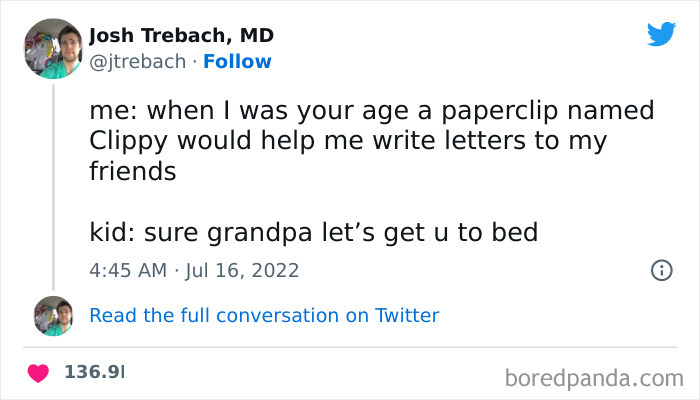 Funny meme about Clippy, the paperclip assistant, highlighting generational differences in technology.