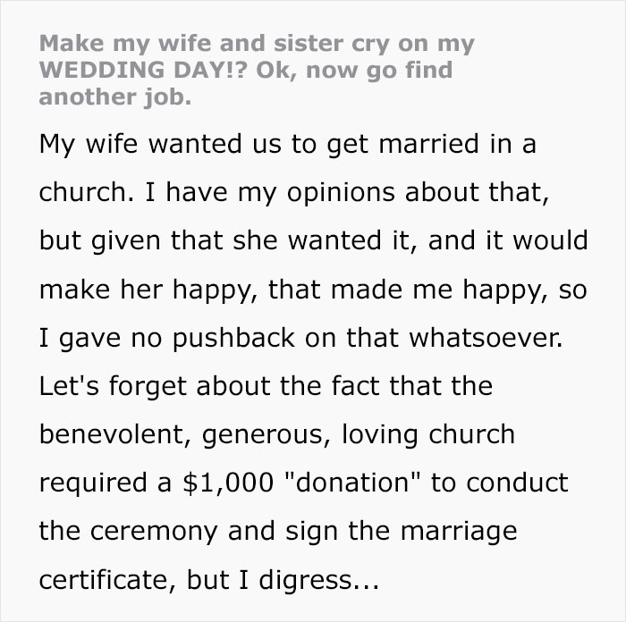 “In Fact, I Took Three Trips To That Church”: Guy Comes Back After Honeymoon, Gets Deacon Fired For Making His Wife And Sister Cry On His Wedding Day “In Fact, I Took Three Trips To That Church”: Guy Comes Back After Honeymoon, Gets Deacon Fired For Making His Wife And Sister Cry On His Wedding Day