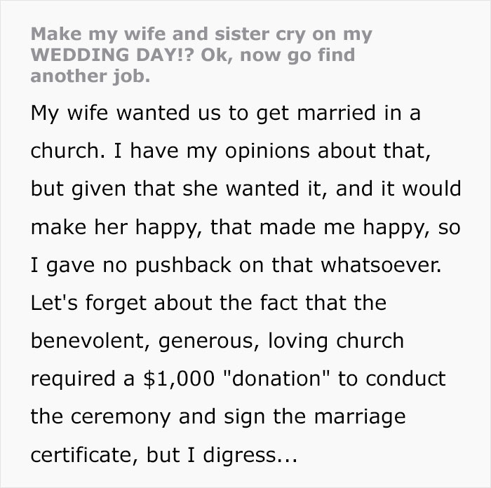“In Fact, I Took Three Trips To That Church”: Guy Comes Back After Honeymoon, Gets Deacon Fired For Making His Wife And Sister Cry On His Wedding Day
